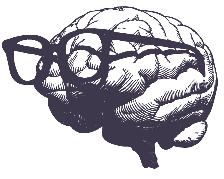 Illustration of a human brain wearing a pair of glasses.